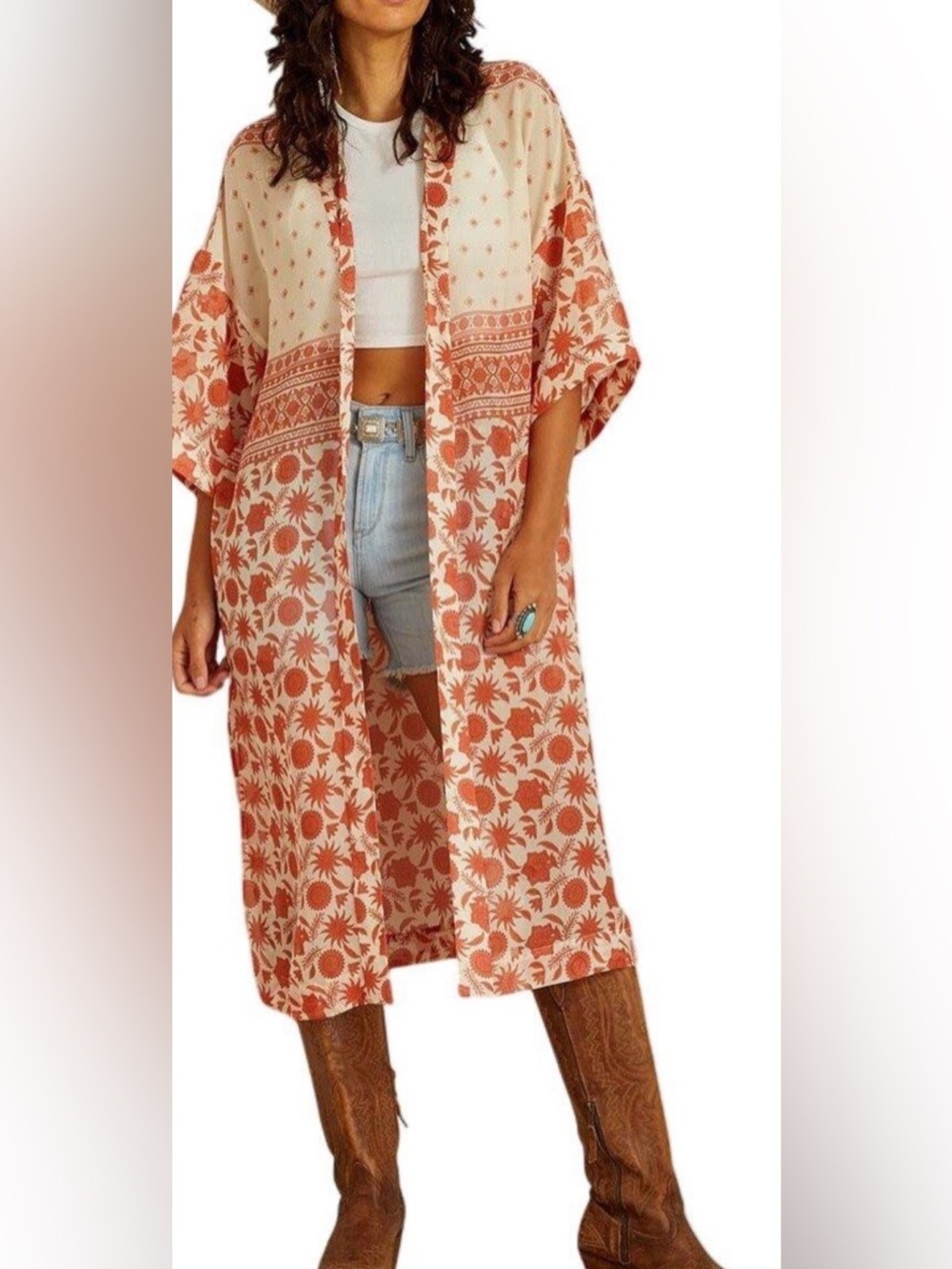 ARIAT Paige Kimono Duster XS -S Women’s Coral and White Floral print Boho chic